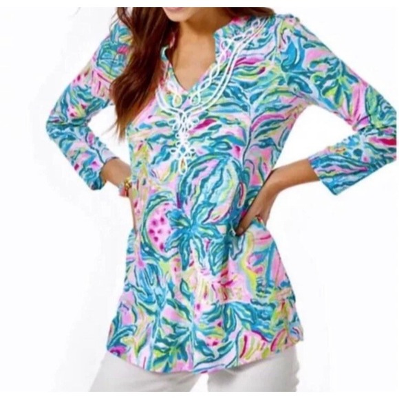 Lilly Pulitzer Green/Pink Kaia Knit Tunic Top Women's One in a Melon Medium - Picture 1 of 7